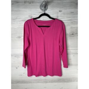Talbots Shirt Womens Large Pink Split V Neck 3/4 Sleeve Cotton Top Tee Casual